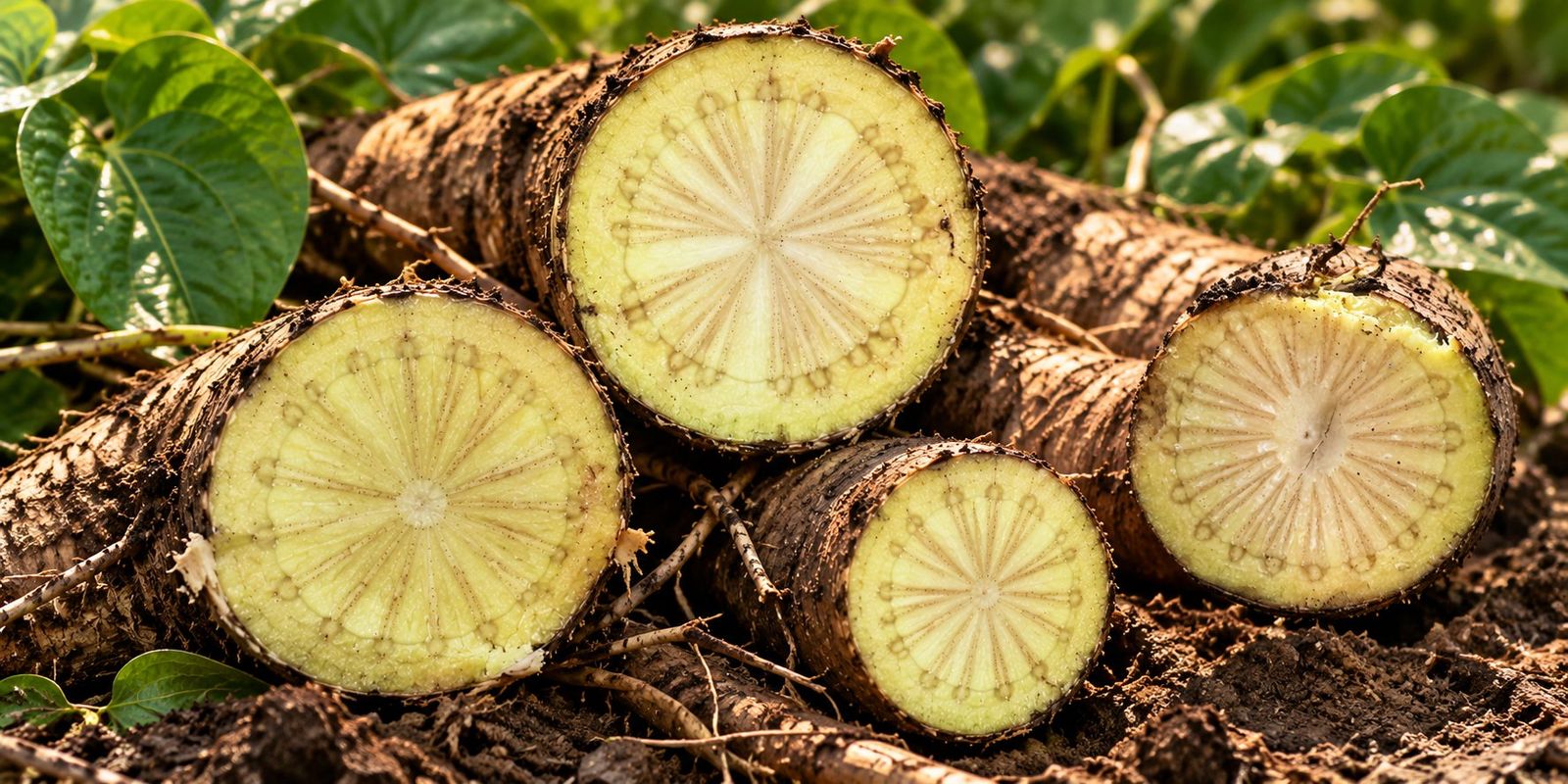 [hero-kava-root-cross-section] Freshly harvested Hawaiian kava (awa) roots cut open to show the pale, radial cross-section, resting on dark farm soil among heart-shaped kava leaves.